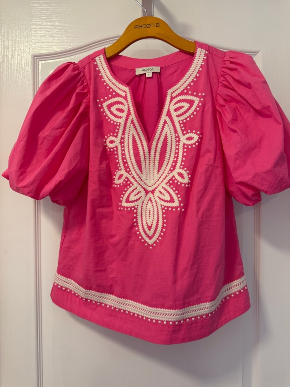 AVARA Hot Pink Puff-Sleeve Embroidered V-Neck Blouse